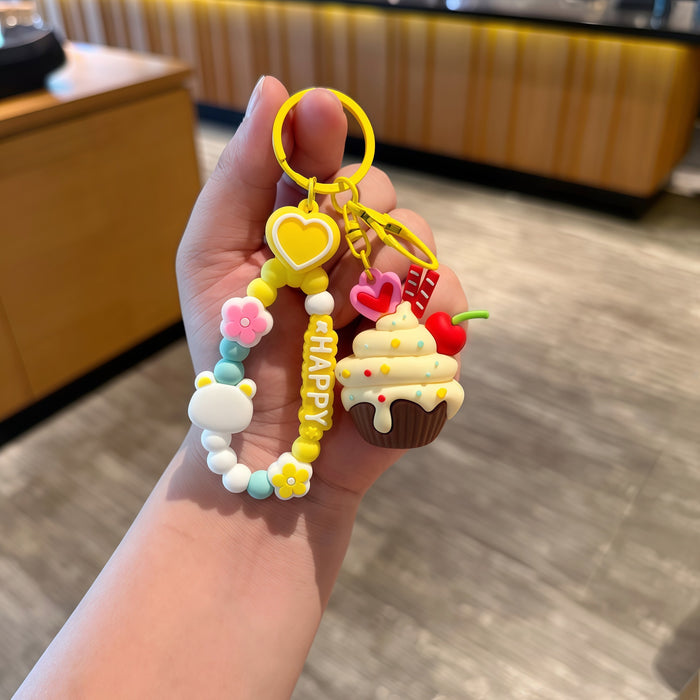 Wholesale PVC Ice Cream Cone Keychain With Love Rope Cartoon Bag Charm For Junior Gift