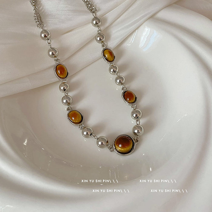 Wholesale Imitation tiger eye stone retro bead necklace, light luxury, niche, collarbone chain, high-end accessory