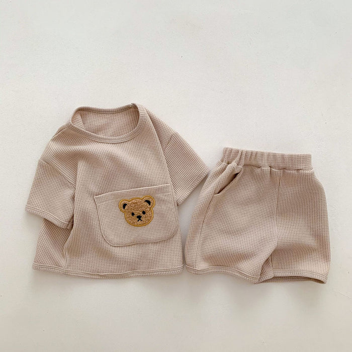 Wholesale Summer Waffle Big Pocket Bear Tops Shorts Baby Clothes JDC-BC-WeiNiS016