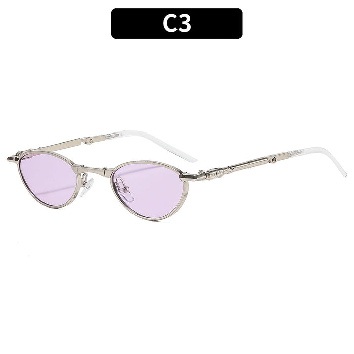 Wholesale Foldable Metal Oval Sunglasses with Rhinestones UV400 Gold Frame Gray Lens for Resale