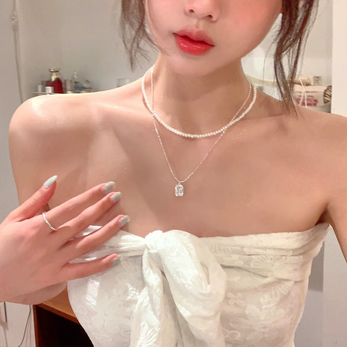 Wholesale French Zircon Sugar Cube Pearl Double Layer Choker Necklace In Titanium Steel Trendy Layering Jewelry For Women Boutique Resale Gift