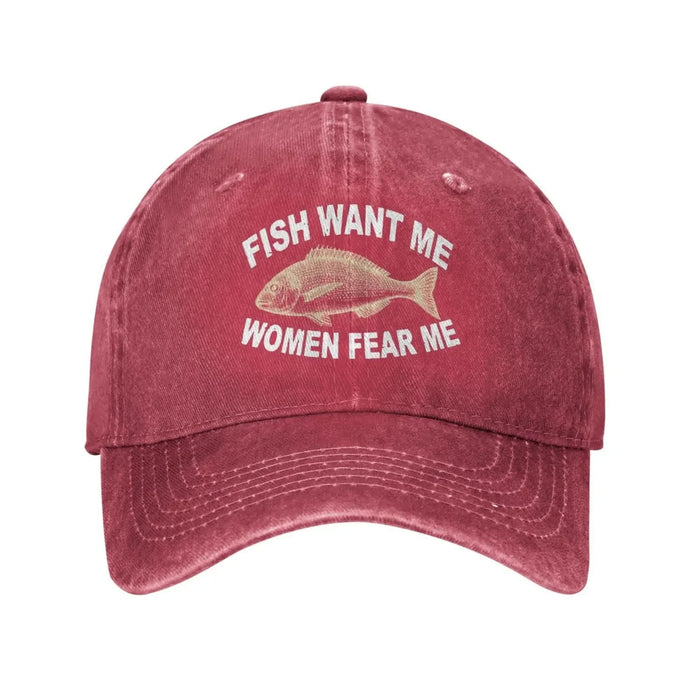 Wholesale Trendy Vintage Washed Baseball Cap Funny Fish Want Me Slogan Adjustable Black Sun Hat For Summer Parties Resale