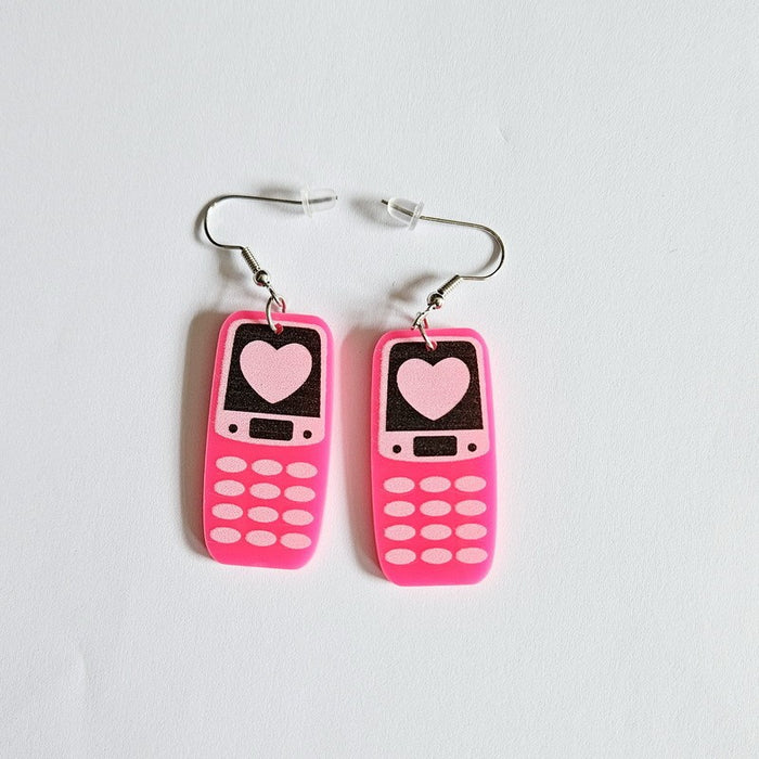 Wholesale Acrylic Mobile Phone Pink Lover Retro Love Game Machine Tape Record Mobile Phone Earrings JDC-ES-WenT030