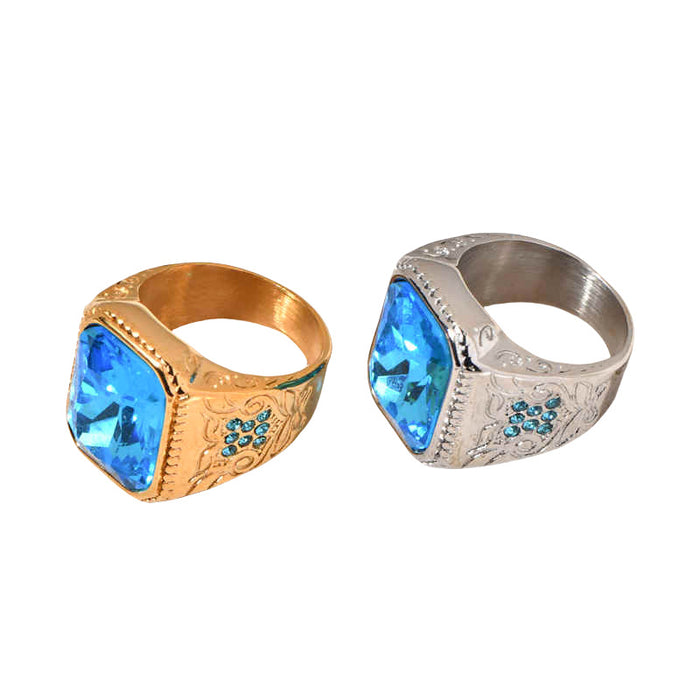 Wholesale HIPHOP titanium steel vacuum gold-plated ice blue rhinestone men' s ring