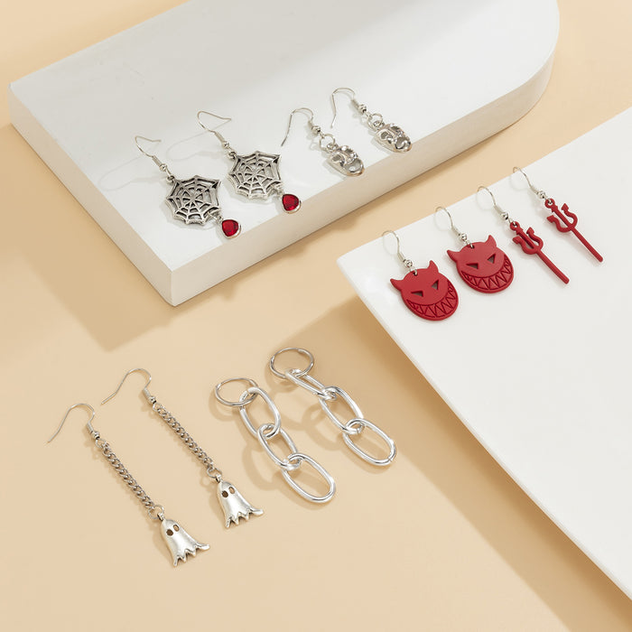 Wholesale Plated Alloy Gothic  Earrings Set With Ghost  Web And Dark Red Demon Chain Design Trendy Jewelry Accessory For Party Wear