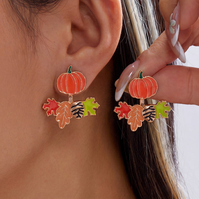 Wholesale Autumn Pumpkin Pinecone Maple Fox Dangle Earrings Drop Oil Double Layer Jewelry Accessory