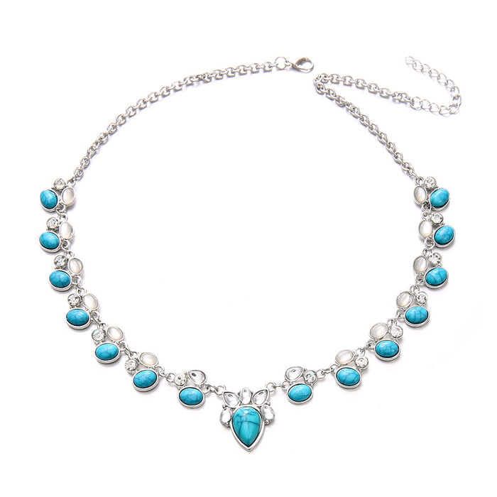 Wholesale Trendy Retro Flower Pendant Necklace For Women Turquoise Color Alloy Silver Plated Chain Jewelry Boutique Resale