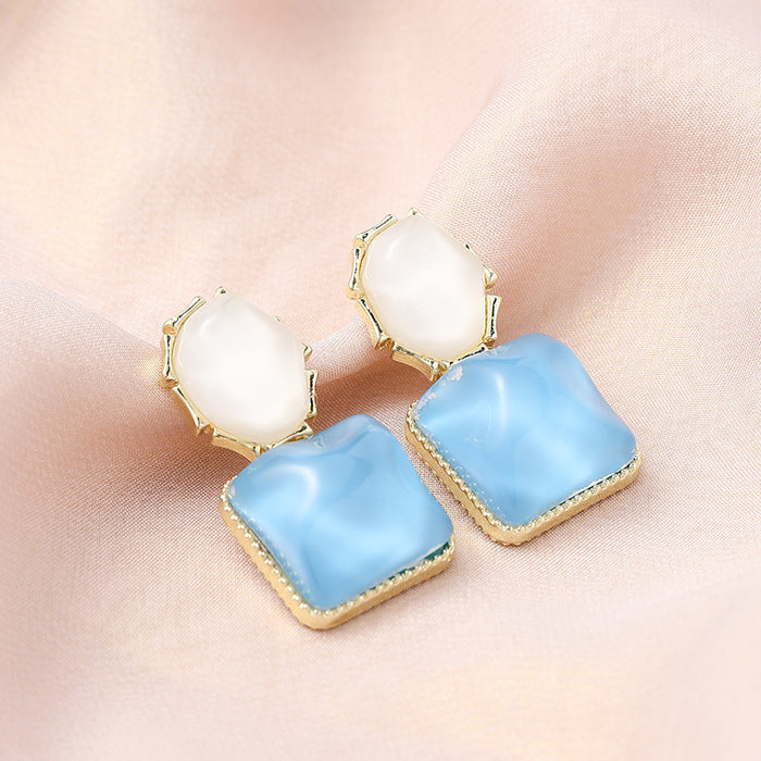 Wholesale Color blocking water ripple retro geometric square unique light luxury design earrings