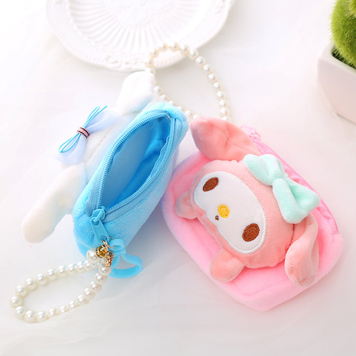 Wholesale Cute Sanrio Plush Coin Purse Female Creative Cartoon Coin Bag ID Bag Pearl Lanyard Gift JDC-WT-XG003