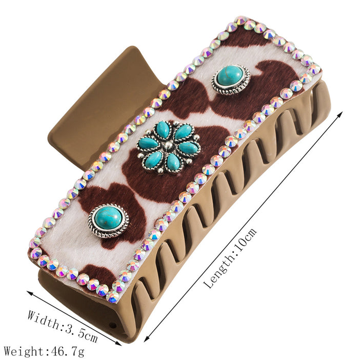 Wholesale Leopard Leather Diamond-encrusted Turquoise Grab Clip Back Head Tie Hair Clip Women' s Hair Clip