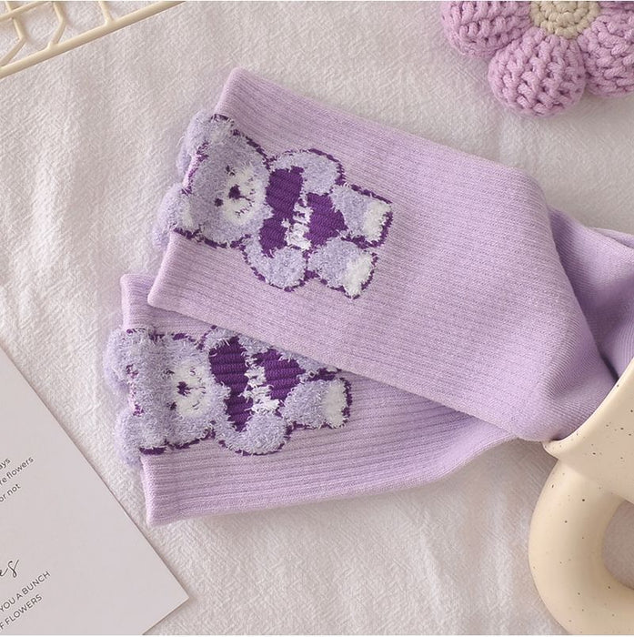 Wholesale Purple Socks Women's Cute Bear Mid-length Socks Ins Trendy Autumn and Winter Cartoon Students Stockings