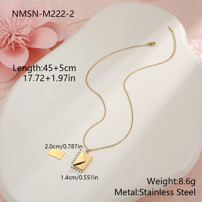 Wholesale Valentine' s Day-themed envelope-shaped stainless steel necklace with heart-shaped elements and rhinestones.