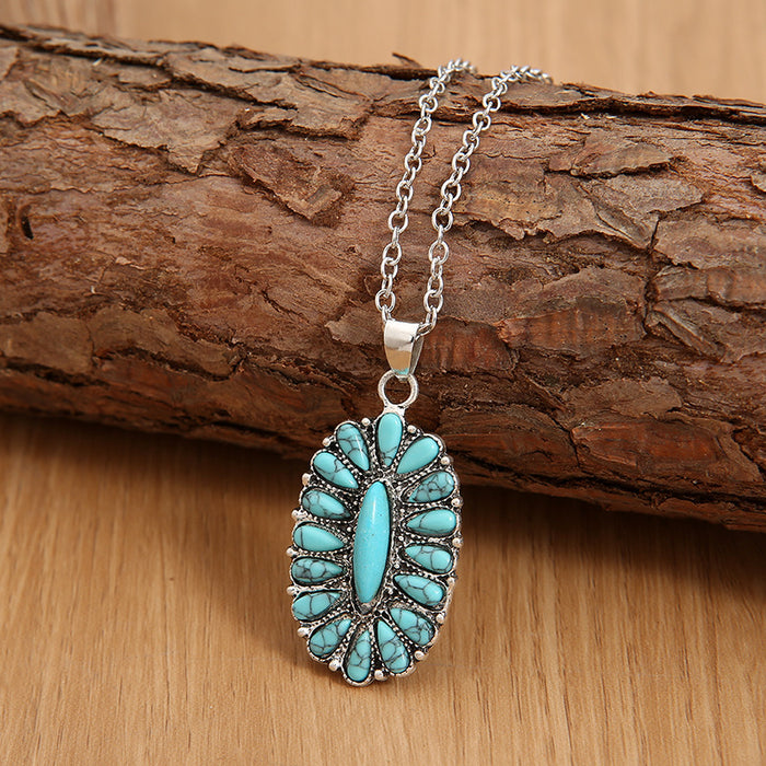 Wholesale Inlaid turquoise pendant necklace, retro exaggerated turquoise short necklace