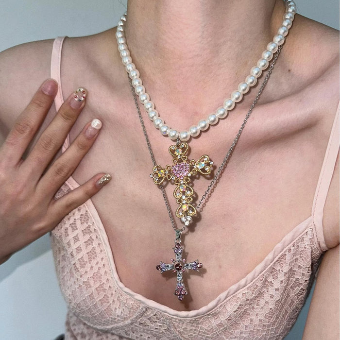 Wholesale Cross Necklace with Exaggerated Colorful Diamonds and Pearls Style Collarbone Chain