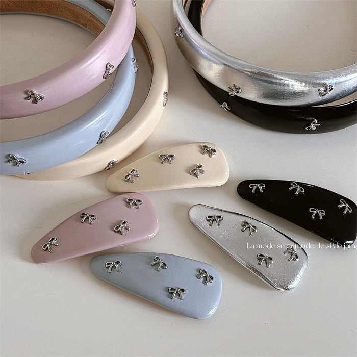 Wholesale Sweet Color Girl silver Small Bow Leather Hair Clips
