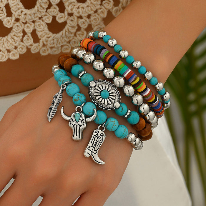 Wholesale Retro Turquoise Wood Bead Bead Alloy Elastic Thread Multi piece Bracelet Set