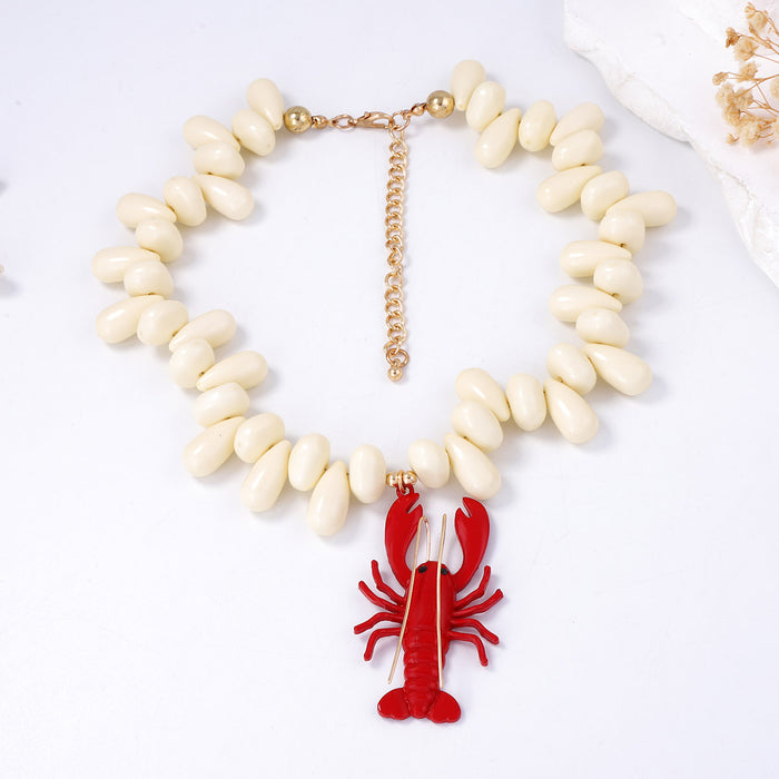 Wholesale Beaded Alloy Spray-Painted Lobster Pendant Necklace Women's Accessories