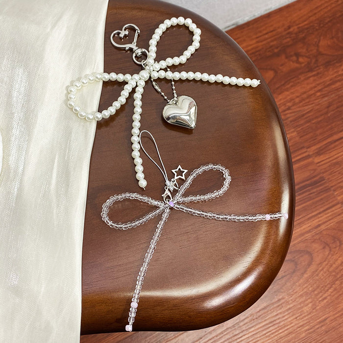 Wholesale Bow Pearl Silver Love Pendant Car Keychain Headset Pendant Accessories