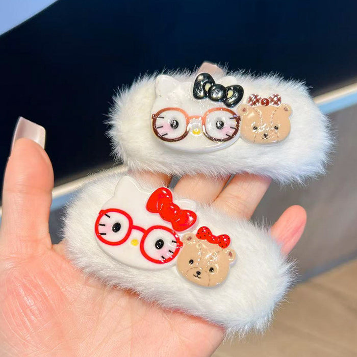 Wholesale Cute and able plush hair clip featuring a cat wearing glasses.
