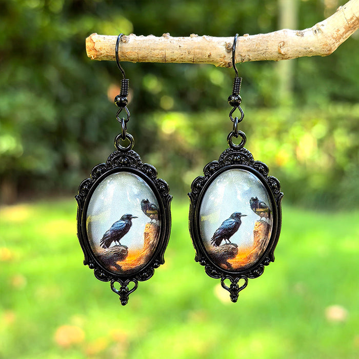 Wholesale  Black Crow Time Gemstone Pendant Earrings Gothic Dark Series Ear Jewelry