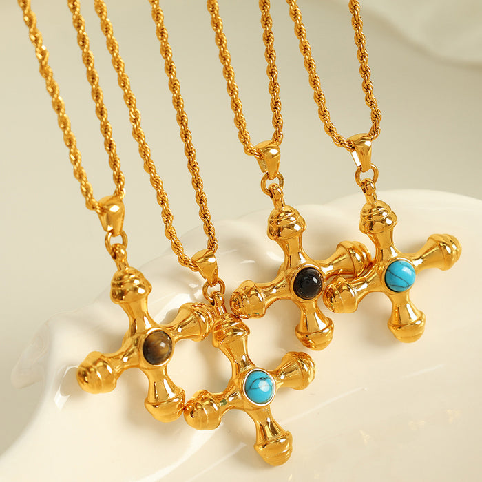 Wholesale Jewelry retro temperament  creative cross inlaid tiger eye stone pendant necklace earrings