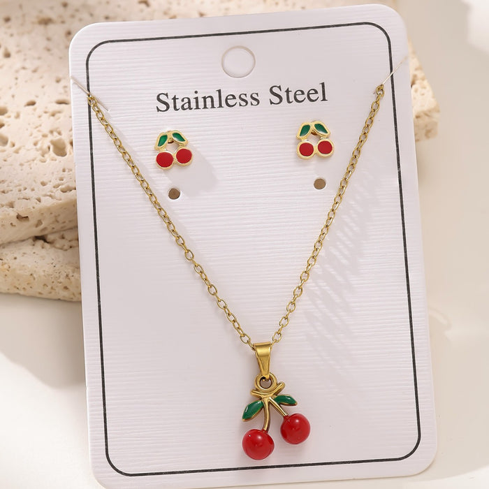 Wholesale Cherry pendant choker necklace stainless steel Earrings set