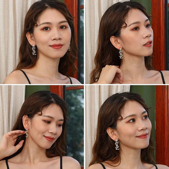 Wholesale Silver needle copper micro inlaid letter earrings new trendy round face slimming and long style retro Hong Kong style light luxury earrings