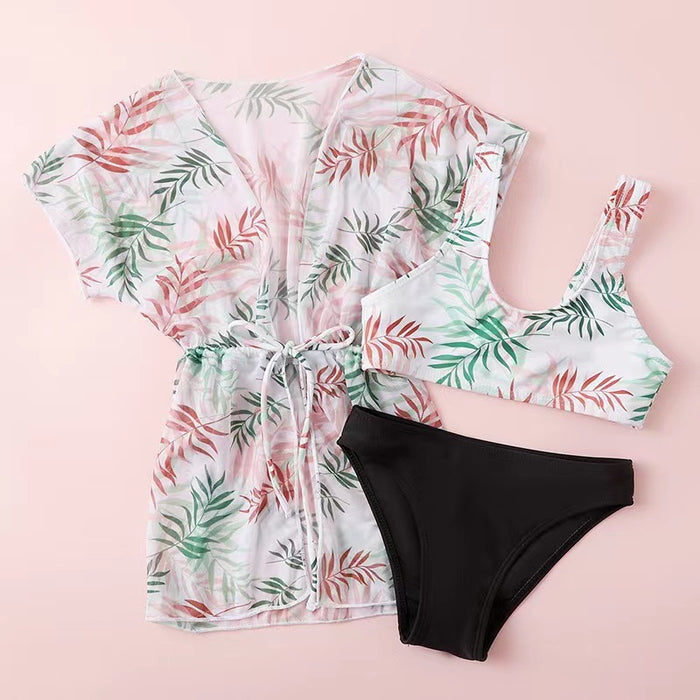 Wholesale Children's split swimsuit with waist cinching, sun protection print, girls' swimsuit