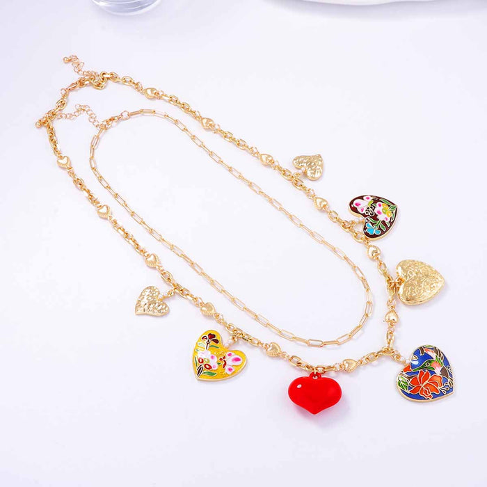 Wholesale Alloy Dropping Oil Multi-love Pendant Double-layer Stacked Chain Women's Necklace