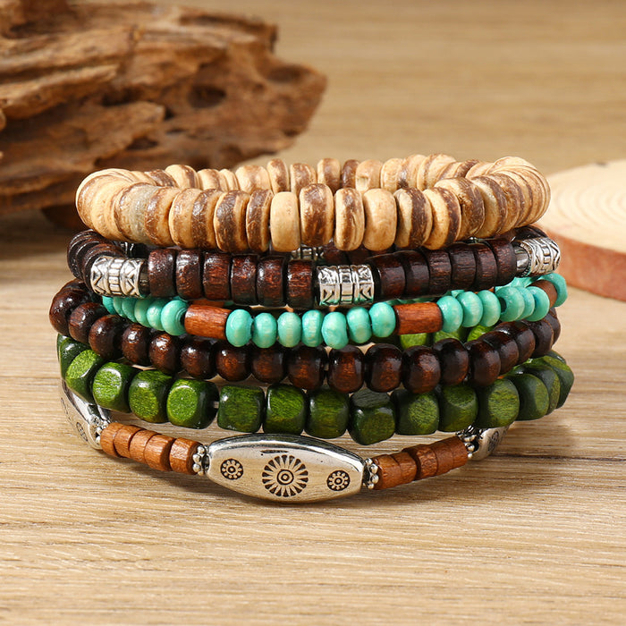 Wholesale Wooden bead alloy 6-piece multi-layer elastic bracelet