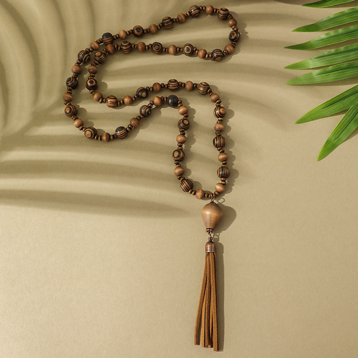 Wholesale Handmade Wood Beaded Long Necklace Boho Tassel Jewelry Accessory MOQ≥2