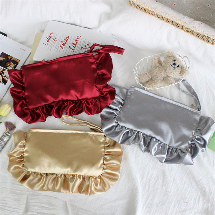 Wholesale Stylish Satin Finish Ruffle Trim Clutch Handbag Wine Red Polyester Small Evening Purse For Women Zipper Closure Party Bag