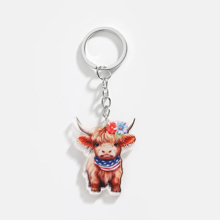 Wholesale 12PCS American Independence Day Acrylic Highland Cow Keychain JDC-KC-HuiWen008