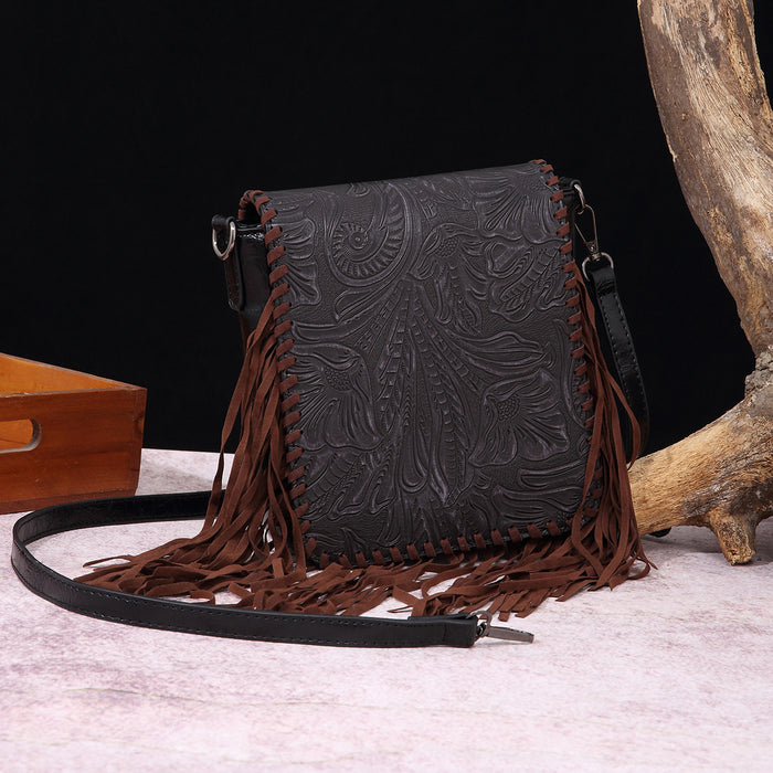 Wholesale Retro cotton and linen printed bohemian style leather carved shoulder crossbody women' s bag