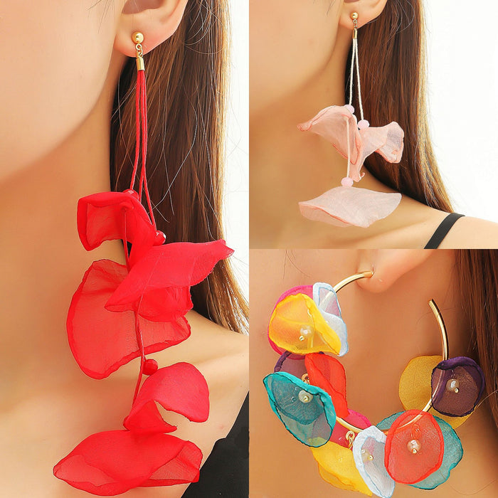 Wholesale Exaggerated flower tassel earrings, personalized earrings, temperament long fabric earrings, red flower earrings