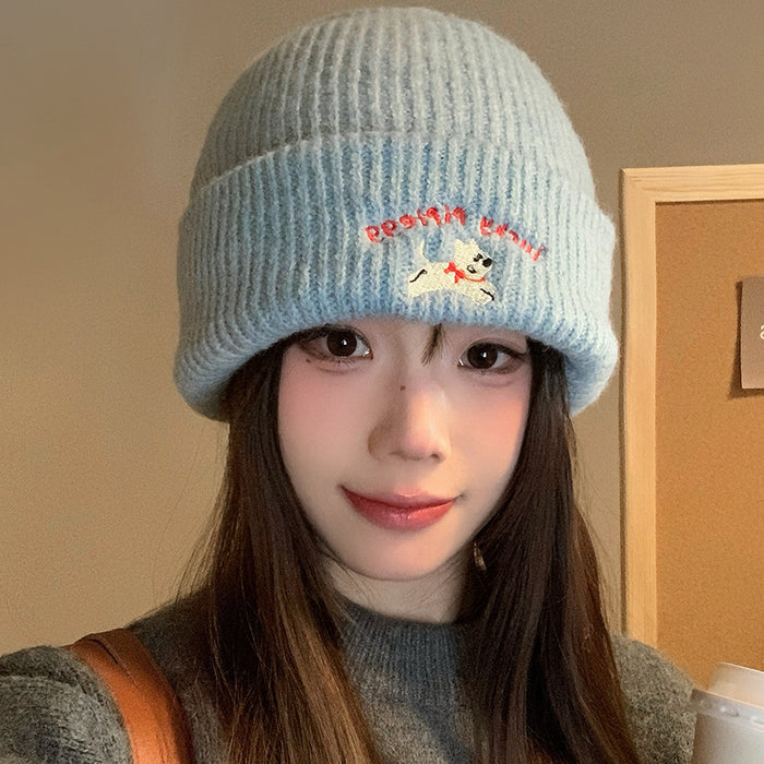 Wholesale Cute puppy embroidered knitted woolen hat for women, versatile big head circumference hat for autumn and winter