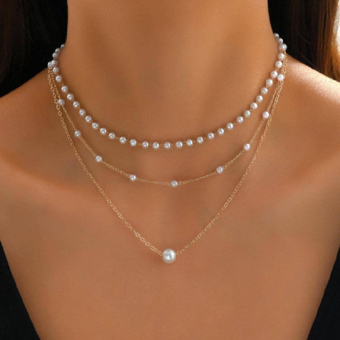 Wholesale Jewelry Fashion Pearl Chain Pendant Three-layer Necklace  Women