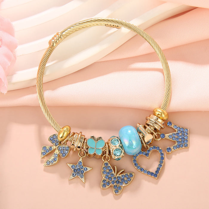 Wholesale Diamond-encrusted butterfly and heart beaded stainless steel bracelet