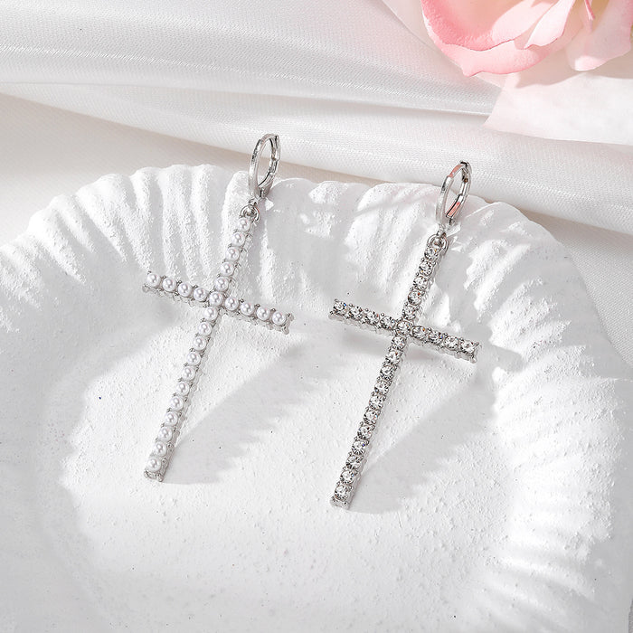 Wholesale cross earrings women's diamond imitation pearl earrings
