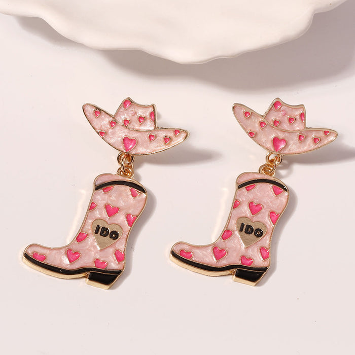 Wholesale Western Denim fashion creative alloy hat shoes drop oil Love earrings