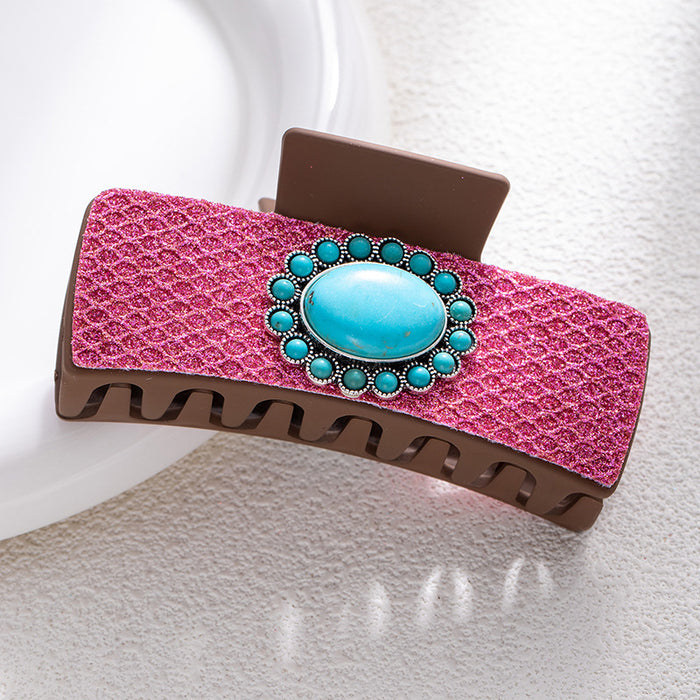 Wholesale Bohemian turquoise grab clip high-end female retro leopard print sequined leather ethnic style back of the head shark clip