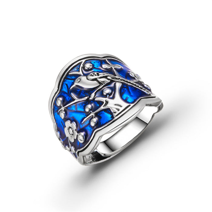 Wholesale Indigo oil Blue Plum Blossom ring niche national fashion ethnic style ring