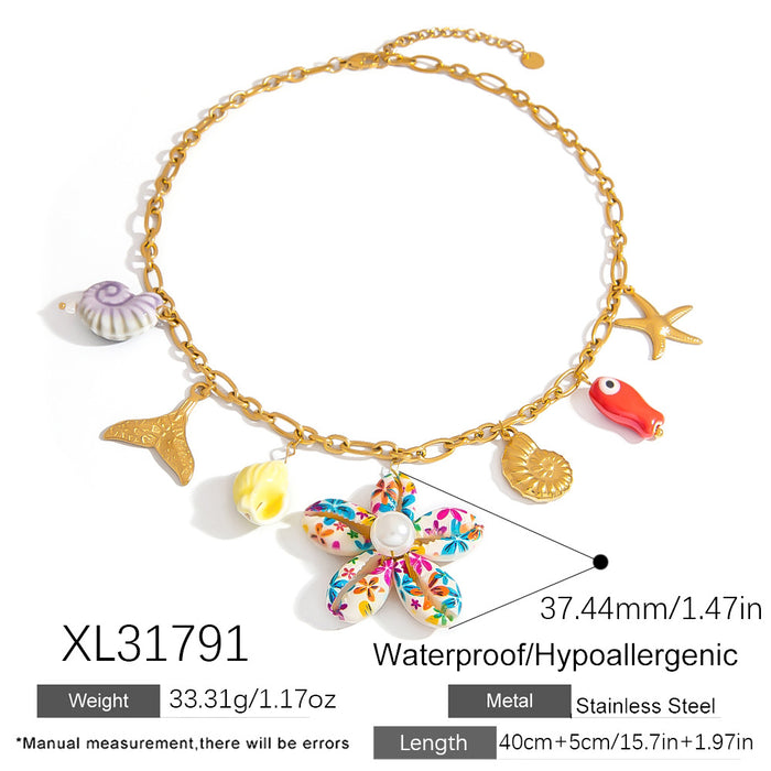 Wholesale Stainless Steel Necklace Exaggerated Big Fishtail Colorful Big Shell Ocean Style Multi-Element  Gold Clavicle Chain