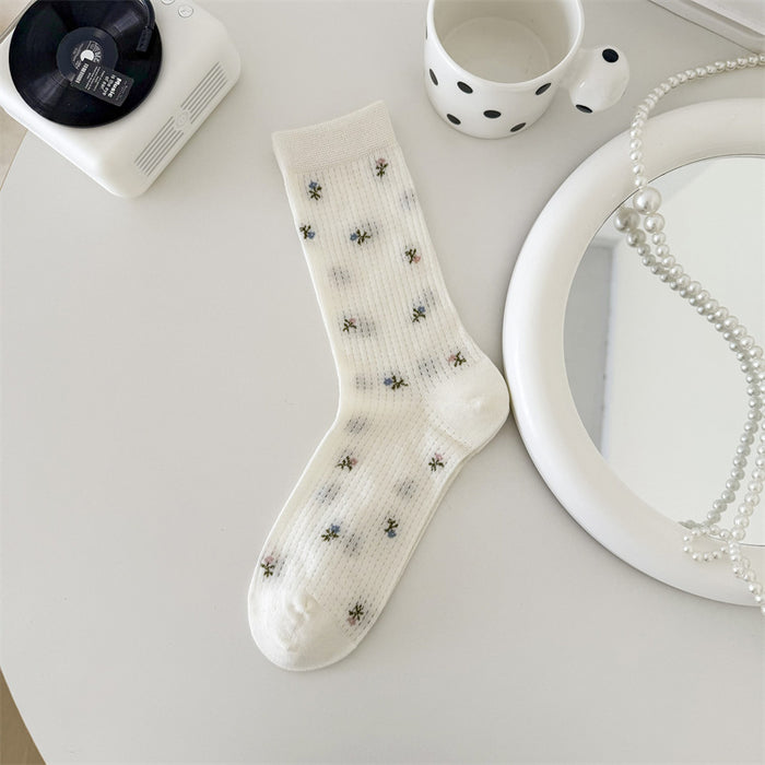 Wholesale Boneless card silk floral retro mid length socks with mesh breathable and versatile design