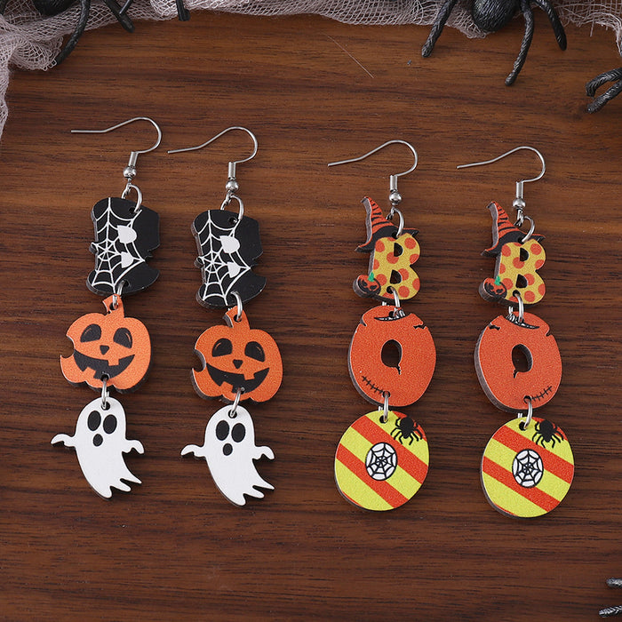 Wholesale  Ghost Pumpkin Ghost Triple ing Pendant Earrings Wooden Gothic Double-sided Earrings