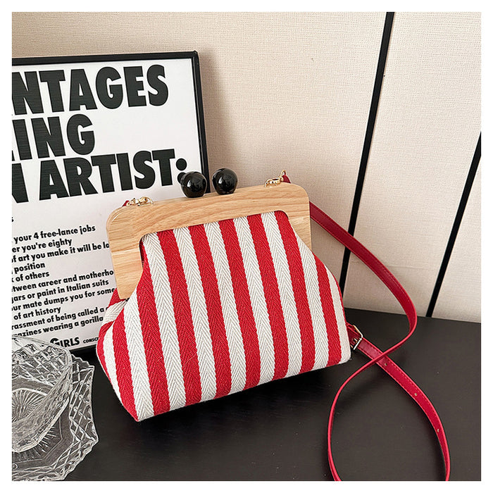 Wholesale Women' s striped canvas shoulder bag with wooden clasp