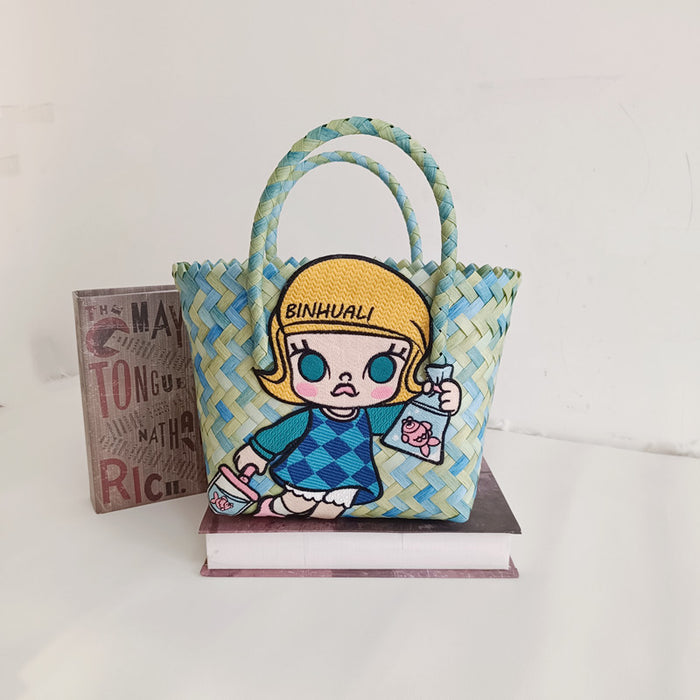 Wholesale Cartoon Woven Bag Large Capacity Work Bag Hand Woven Vegetable Basket Handbag