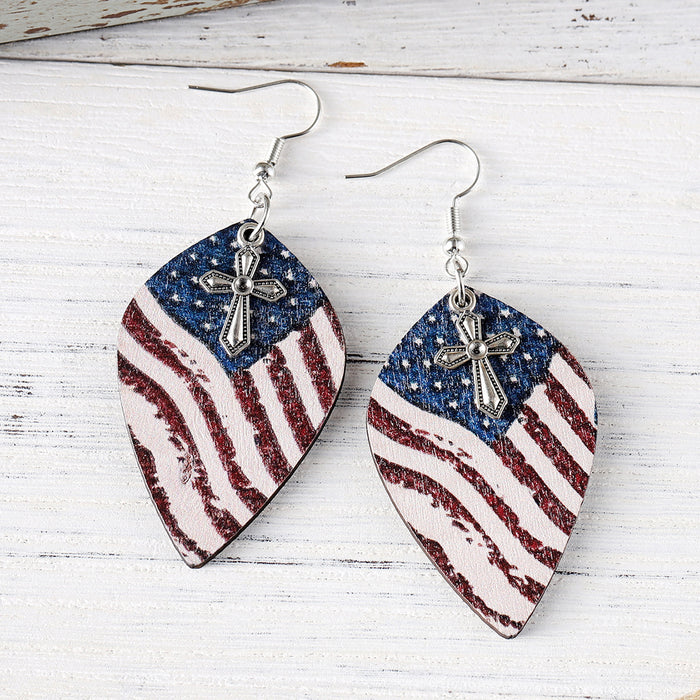 Wholesale Independence Day distressed red,  white and blue flag cross pendant earrings wooden double-sided earrings