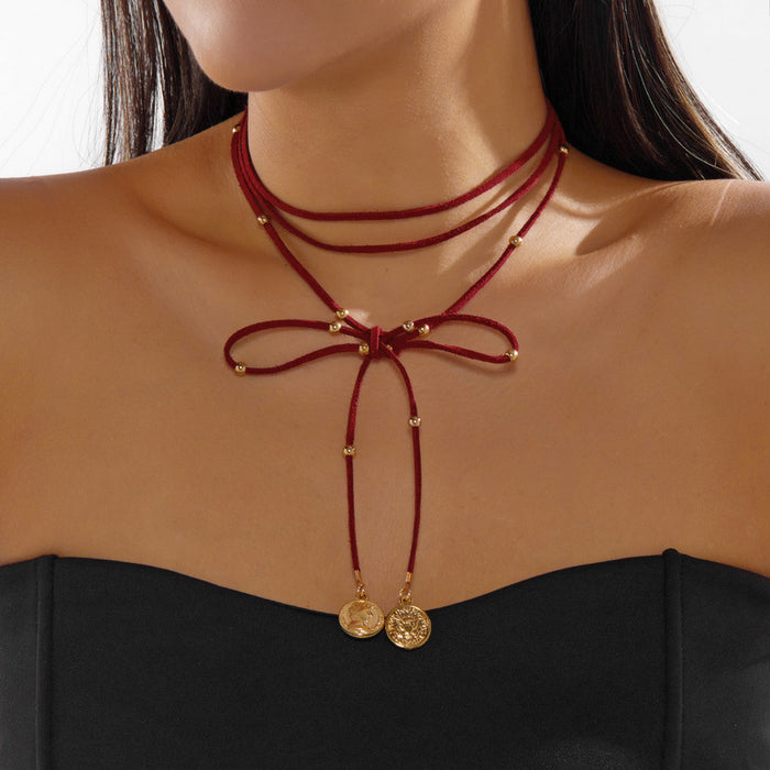 Wholesale Vintage Red Bow Layered Choker Necklace with Metal Round Pendant