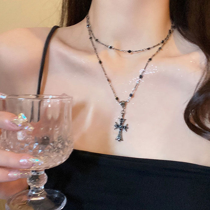 Wholesale Zircon cross bead necklace, double-layer layered neck chain, niche, light luxury collarbone chain